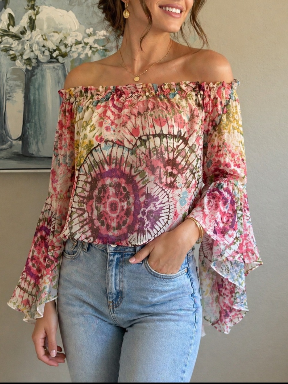 Live 4 Truth Floral Boho Hippie Off the Shoulder Bell Sleeve Top - Pink Multi
